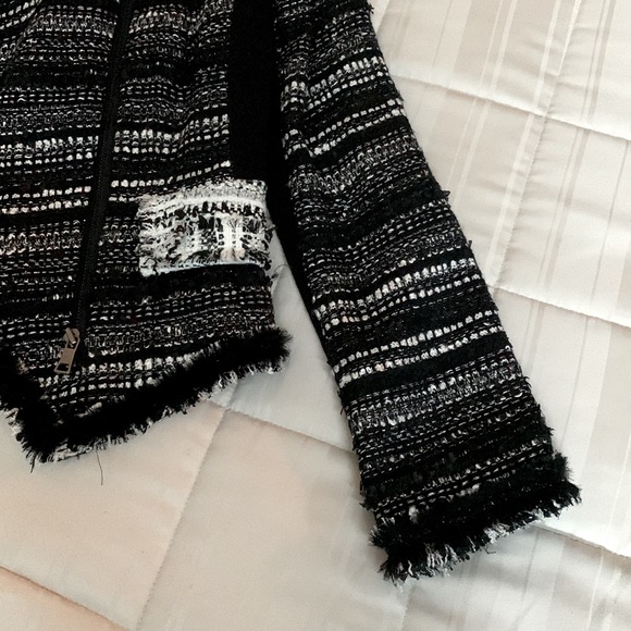 Mcginn Black White Tweed Boucle Metallic Moto Crop Fray Raw Edge Blazer Jacket - Picture 14 of 16